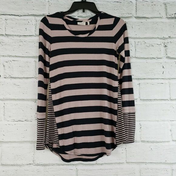LOGO by Lori Goldstein Knit Stripe Top  Contrast Side Long Sleeve shirt - Picture 1 of 8